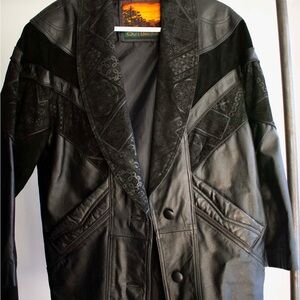 Vintage Outbrook Leather Jacket Medium Black Embossed Patchwork Design